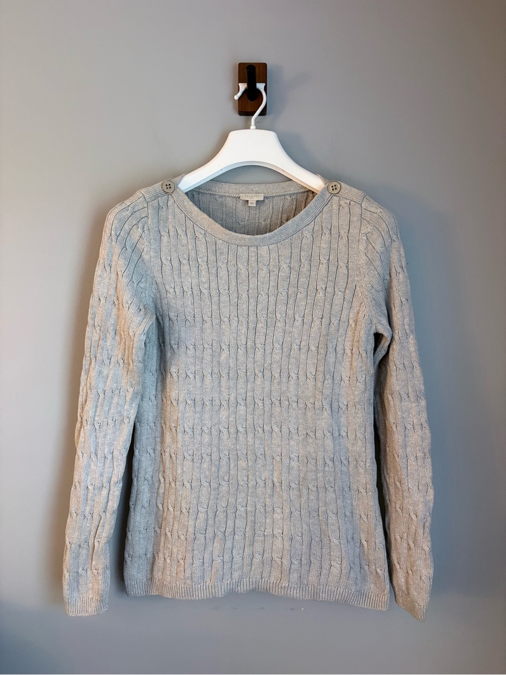 Talbots Grey Metallic Shimmer Cable Knit Shoulder Button Sweater Medium Cotton